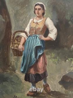 Ancien Tableau Huile sur Bois Femme en Forêt de Fontainebleau Barbizon 19ème
