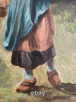Ancien Tableau Huile sur Bois Femme en Forêt de Fontainebleau Barbizon 19ème