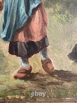 Ancien Tableau Huile sur Bois Femme en Forêt de Fontainebleau Barbizon 19ème