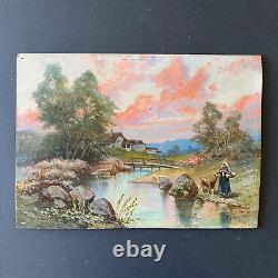 Ancien Tableau Huile sur Bois La Gardienne de chèvres 19ème Signé