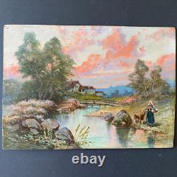 Ancien Tableau Huile sur Bois La Gardienne de chèvres 19ème Signé