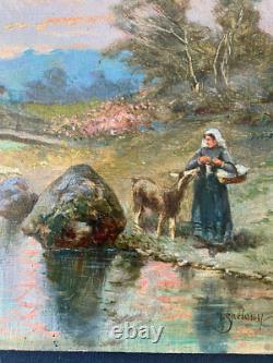 Ancien Tableau Huile sur Bois La Gardienne de chèvres 19ème Signé