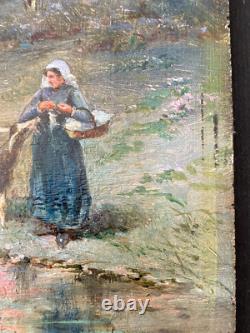 Ancien Tableau Huile sur Bois La Gardienne de chèvres 19ème Signé