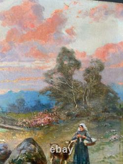 Ancien Tableau Huile sur Bois La Gardienne de chèvres 19ème Signé