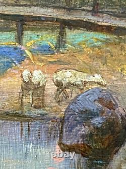 Ancien Tableau Huile sur Bois La Gardienne de chèvres 19ème Signé