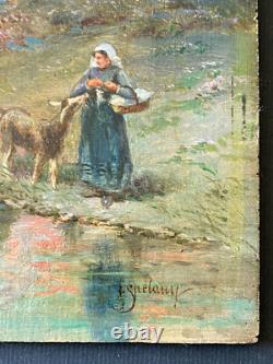 Ancien Tableau Huile sur Bois La Gardienne de chèvres 19ème Signé