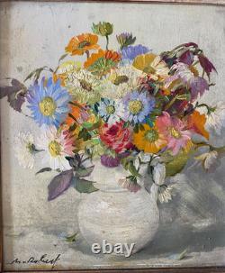 Ancien Tableau Huile sur Isorel Bouquet de Fleurs d'Eté Signé André Robert