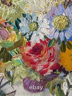 Ancien Tableau Huile sur Isorel Bouquet de Fleurs d'Eté Signé André Robert