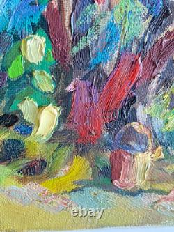 Ancien Tableau Huile sur Toile Paysage Jardin Méditerranéen Signé J. Pulicani