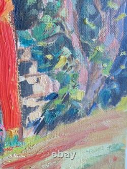 Ancien Tableau Huile sur Toile Paysage Jardin Méditerranéen Signé J. Pulicani