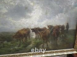 Ancien Tableau Huile / toile scene pastorale XIXE troupeau de vaches paysage