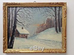 Ancien Tableau Impressionniste Paysage Effet de neige Huile sur carton signée