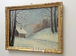 Ancien Tableau Impressionniste Paysage Effet de neige Huile sur carton signée