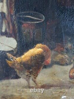 Ancien Tableau Intérieur avec Poules Peinture Huile Antique Oil Painting Hens