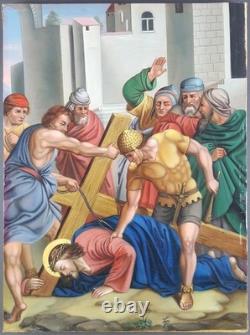 Ancien Tableau Jésus Tombe pour la Deuxième Fois Peinture Huile Oil Painting