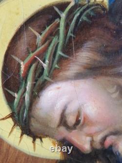 Ancien Tableau Jésus Tombe pour la Deuxième Fois Peinture Huile Oil Painting