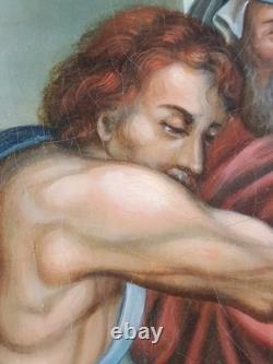 Ancien Tableau Jésus Tombe pour la Deuxième Fois Peinture Huile Oil Painting