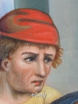 Ancien Tableau Jésus Tombe pour la Deuxième Fois Peinture Huile Oil Painting