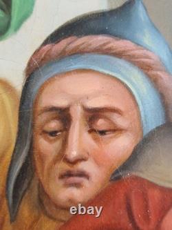 Ancien Tableau Jésus Tombe pour la Deuxième Fois Peinture Huile Oil Painting