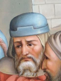 Ancien Tableau Jésus Tombe pour la Deuxième Fois Peinture Huile Oil Painting