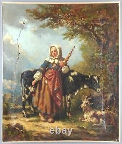 Ancien Tableau Jeune Bergère Peinture Huile Toile Oil Painting Shepherdess