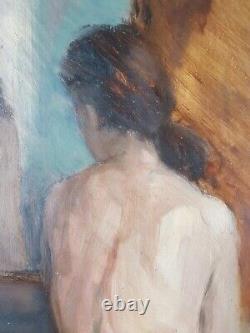 Ancien Tableau Jeune Femme Nue au Miroir Peinture Huile Oil Painting Woman