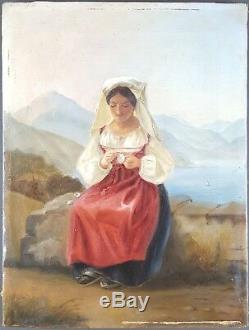 Ancien Tableau Jeune Femme à la Fleur Peinture Huile Antique Painting Dipinto