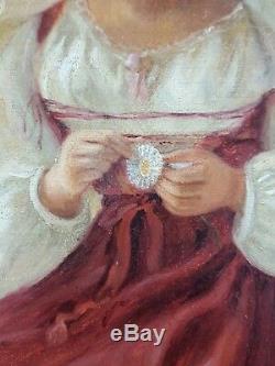 Ancien Tableau Jeune Femme à la Fleur Peinture Huile Antique Painting Dipinto
