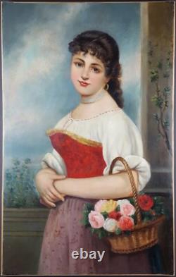 Ancien Tableau Jeune Femme au Panier de Roses Peinture Huile Painting Woman