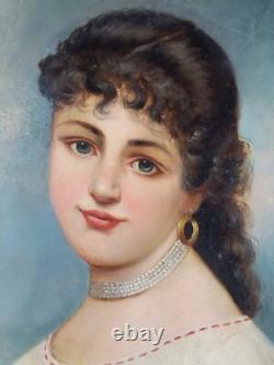 Ancien Tableau Jeune Femme au Panier de Roses Peinture Huile Painting Woman