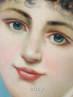 Ancien Tableau Jeune Femme au Panier de Roses Peinture Huile Painting Woman
