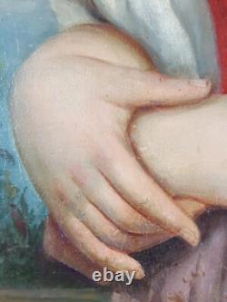 Ancien Tableau Jeune Femme au Panier de Roses Peinture Huile Painting Woman