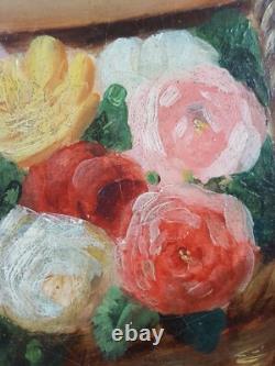 Ancien Tableau Jeune Femme au Panier de Roses Peinture Huile Painting Woman