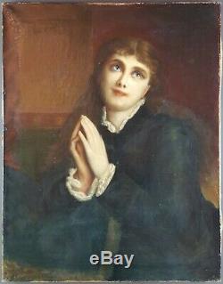 Ancien Tableau Jeune Femme en Prière Peinture Huile Toile Antique Oil Painting