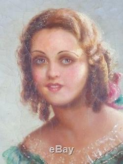 Ancien Tableau Jeune Femme en Robe Peinture Huile Antique Oil Painting