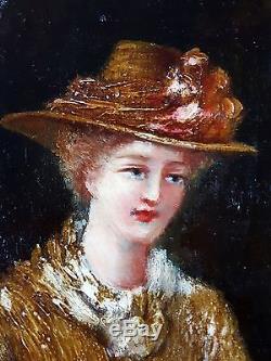 Ancien Tableau Jeune Fille à La Rose Peinture Huile Antique Oil Painting