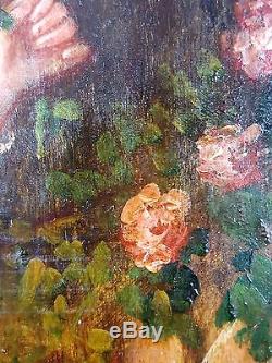 Ancien Tableau Jeune Fille à La Rose Peinture Huile Antique Oil Painting