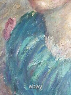 Ancien Tableau Jeune Fille à la Robe Verte Peinture Huile Oil Painting Woman