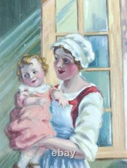 Ancien Tableau Jeune Mère Peinture Huile Maternité Antique Painting Motherhood