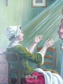 Ancien Tableau Jeune Mère Peinture Huile Maternité Antique Painting Motherhood