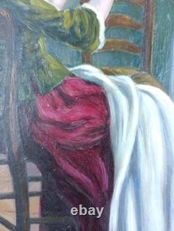 Ancien Tableau Jeune Mère Peinture Huile Maternité Antique Painting Motherhood