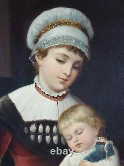 Ancien Tableau Jeune Mère Peinture Huile Toile Antique Oil Painting Dipinto