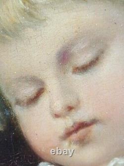 Ancien Tableau Jeune Mère Peinture Huile Toile Antique Oil Painting Dipinto