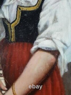 Ancien Tableau Jeune Musicienne Rêveuse Peinture Huile Antique Oil Painting