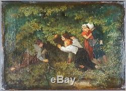 Ancien Tableau Jeux dans la Forêt Peinture Huile Antique Painting Old Dipinto