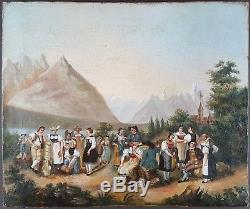 Ancien Tableau Jour de Fête à la Montagne Peinture Huile Toile Oil Painting