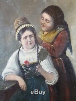 Ancien Tableau Journée en Costume Peinture Huile Antique Oil Painting Dipinto