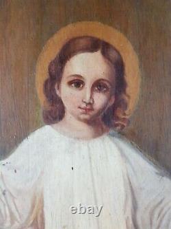 Ancien Tableau L'Enfant Jésus Peinture Huile Antique Oil Painting Christ Child