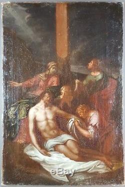 Ancien Tableau La Déposition de Croix Peinture Huile Toile Antique Painting