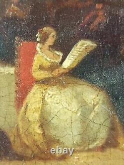 Ancien Tableau La Lecture Peinture Huile Panneau Antique Oil Painting Reading